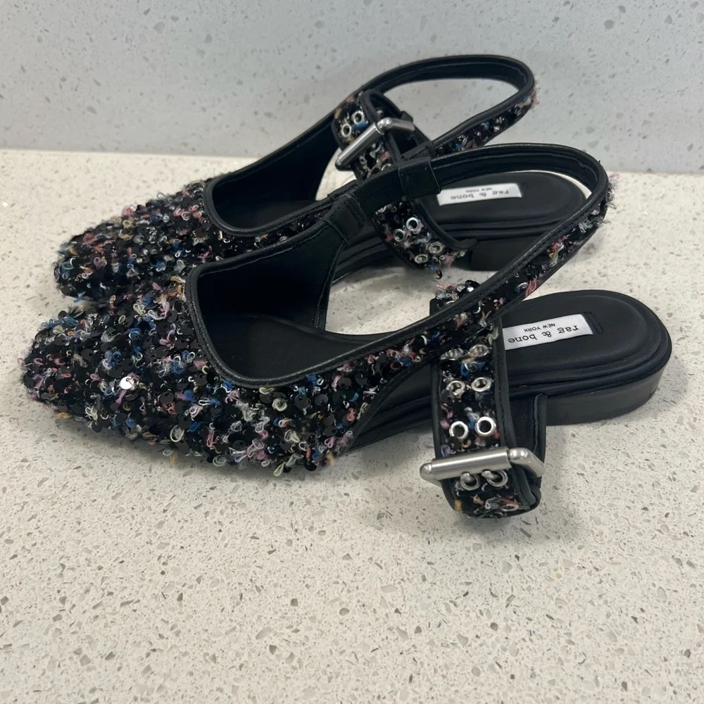 NWOB Rag & Bone Astra Black Boucle & Sequin Slingback Flat Shoes Size 36 US 6